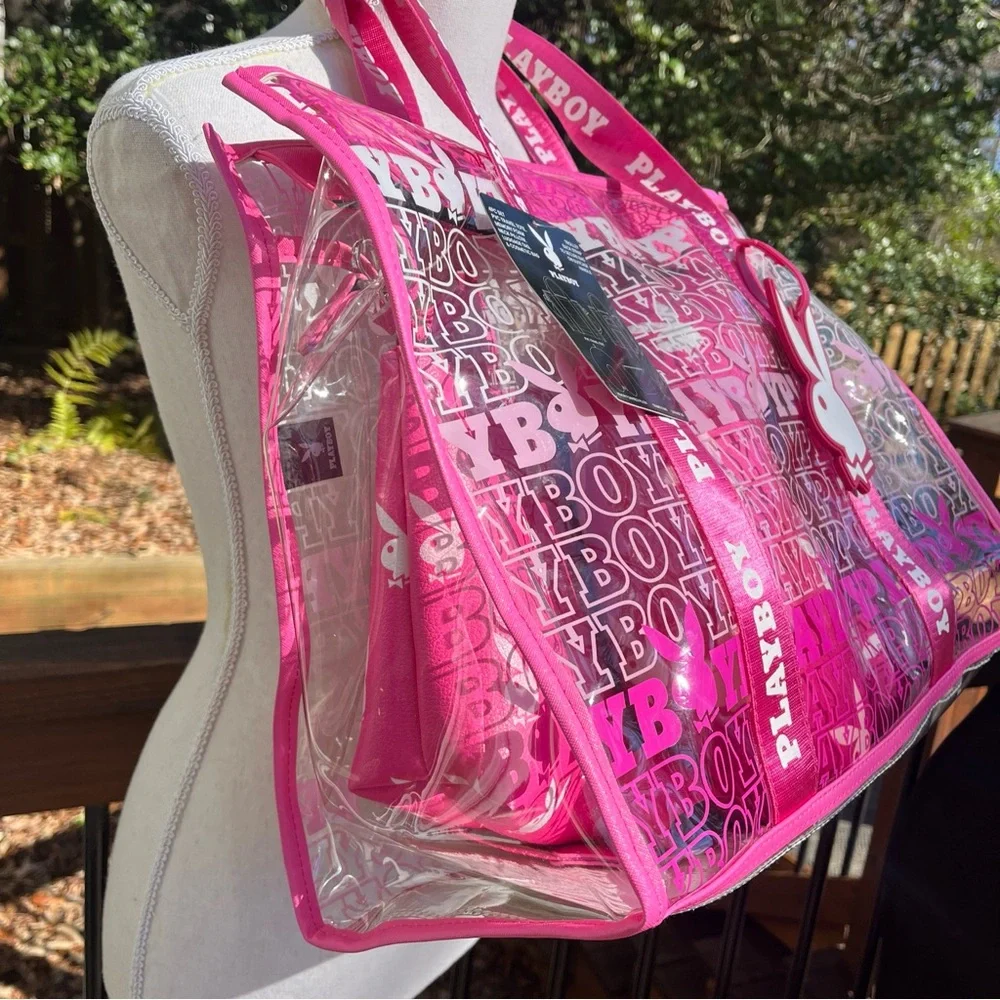 Playboy Travel Tote PINK Signature Logo Clear Thick PVC Vinyl 4 Piece Set NWT - Picture 3 of 14